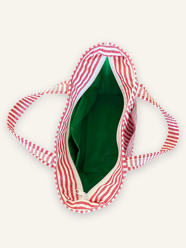 Fai — handgenähte Handtasche, Baumwolle, rot-weiss gestreift, Unikat von Wanphen Biasio, Lausen BL — Ansicht 5