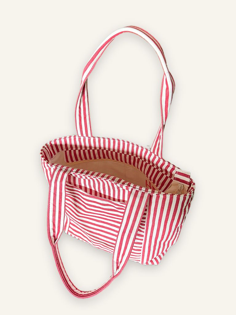 Phrik — handgenähte Handtasche, Baumwolle mit rot-weissen Streifen, Unikat von Wanphen Biasio, Lausen BL