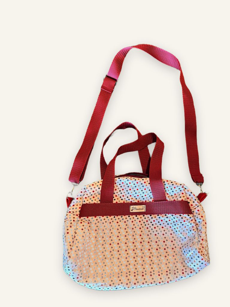 Tawan — handgenähte Schultertasche, Baumwolle mit Punktmuster, beige mit bunten Punkten, Unikat von Wanphen Biasio, Lausen BL