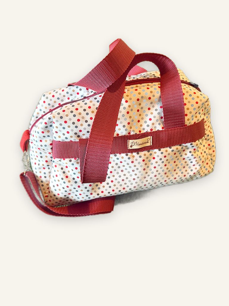 Tawan — handgenähte Schultertasche, Baumwolle mit Punktmuster, beige mit bunten Punkten — Ansicht 2
